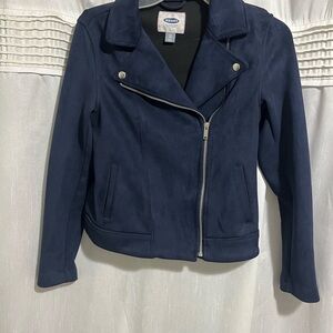 Old Navy Blue Blazer with Asymmetrical Zipper and Textured Fabric